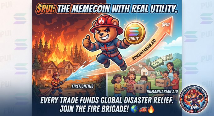 A colorful cartoon-style advertisement for "$PUI: THE MEMECOIN WITH REAL UTILITY," featuring a bear firefighter mascot with text promoting humanitarian aid and disaster relief funding.