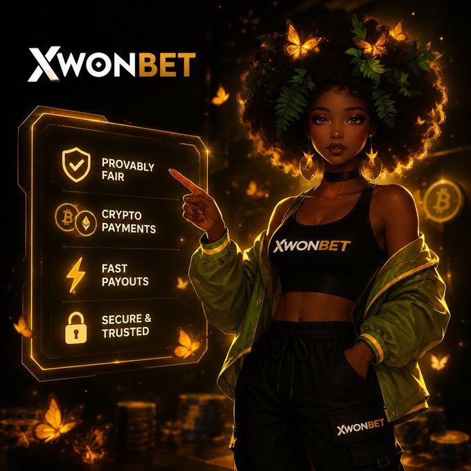 An advertisement for 'XWONBET' featuring a woman in branded athletic wear pointing to a menu listing 'PROVABLY FAIR', 'CRYPTO PAYMENTS', 'FAST PAYOUTS', and 'SECURE & TRUSTED', surrounded by glowing orange butterflies.