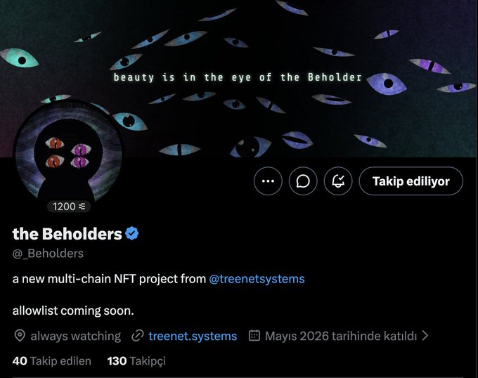 A Twitter/X profile for 'the Beholders' (@_Beholders) featuring an eye-themed banner with the text 'beauty is in the eye of the Beholder,' describing it as a new multi-chain NFT project from @treenetsystems with allowlist coming soon.