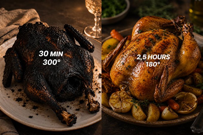 A split image comparing two roasted chickens: the left shows a heavily charred bird labeled '30 MIN 300°', while the right displays a golden-brown chicken labeled '2,5 HOURS 180°' surrounded by vegetables.