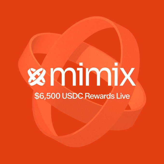 The main focus of this image is a logo for a platform named MIMIX that offers a $5,500 USDC reward system for creators (UGC) using the app. The red background provides contrast with the white text on the logo. The logo features two large circles arranged in an X shape with their centers joining at the top, symbolizing unity and collaboration among UGC creators.