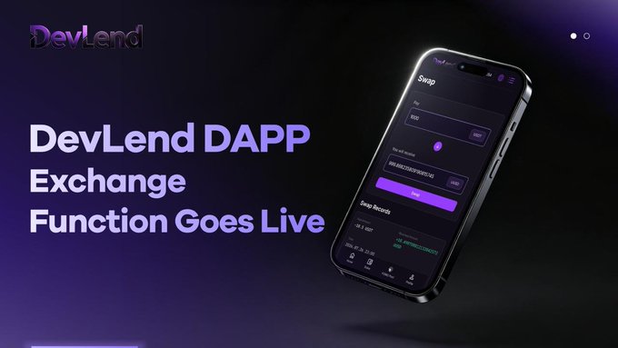 A promotional graphic for "DevLend DAPP" announcing its exchange function launch, featuring the text "DevLend DAPP Exchange Function Goes Live" alongside a smartphone mockup displaying the Swap interface for converting USDT to UUSD, with visible elements like "Swap Records," swap details, and navigation icons, aligning with the post's announcement about the new one-click swap feature and immediate staking capability.