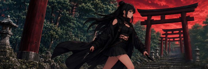 A digital anime-style illustration of a dark-haired female character in a black outfit holding a weapon, standing near red torii gates against a dramatic red sky.