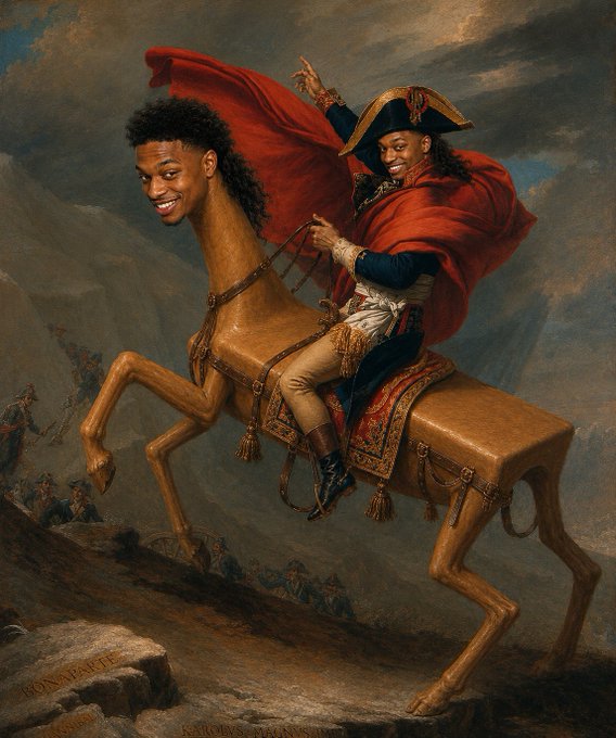 The image is a digitally altered version of Jacques-Louis David's famous painting "Napoleon Crossing the Alps," replacing Napoleon's horse head with a smiling face and inserting a figure resembling a historical conqueror riding it. Text at the bottom reads "RIDEVY SOLANA," and the dramatic, triumphant composition is repurposed as a meme-like promotional image for the Solana cryptocurrency, with "let's ride" reinforcing the bold, charging energy.
