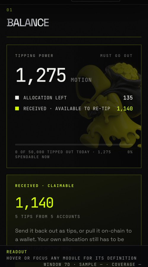 A dark-themed digital dashboard titled '01 BALANCE' showing a 'TIPPING POWER' of '1,275 MOTION' with a 'RECEIVED - CLAIMABLE' amount of '1,140' from '5 TIPS FROM 5 ACCOUNTS'.