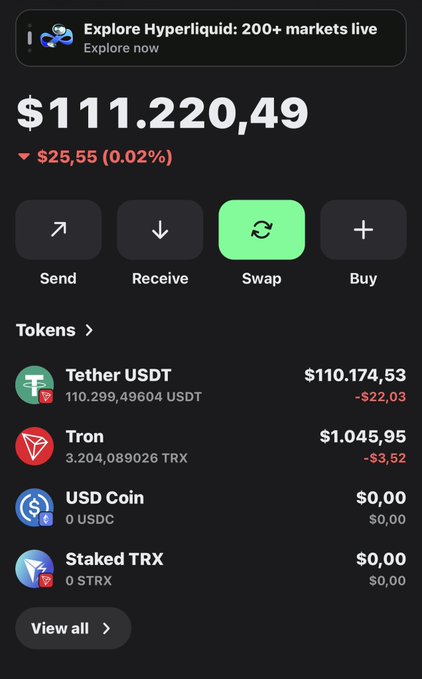A crypto wallet screenshot displays a balance of $111,220.49 across assets like Tether USDT ($110,174.53), Tron ($1,045.95), USD Coin, and Staked TRX, supporting the post's claim of winning $110,000 from a gambling "revenge game."