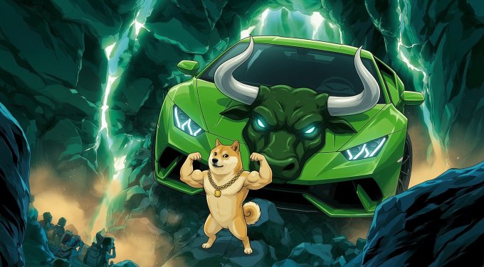 A buff Shiba Inu wearing a gold chain flexes in front of a green Lamborghini with a bull emblem, while green lightning crashes around the rocky scene — symbolizing the classic crypto "wen Lambo" meme about predicting whether the market will pump (bull) or dump.