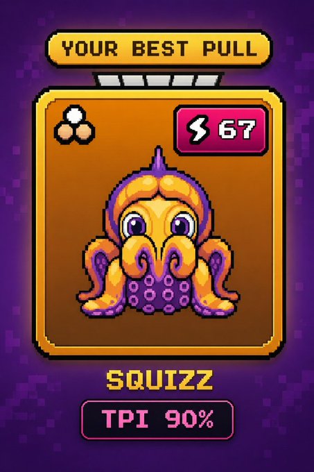 A pixel-art character card displays "YOUR BEST PULL" featuring "SQUIZZ" — a yellow and purple octopus-like creature — at "TPI 90%" with a "67" power rating, matching the celebration of a near-perfect Tier 5 pull in the post.