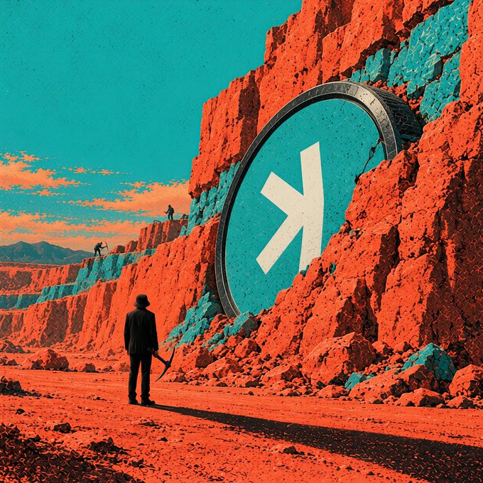 A lone figure stands before a massive cliff face carved with a Bitcoin-style symbol, where tiny miners chisel into the red rock, visually representing the proof-of-work mining process that brought every Kaspa ($KAS) coin into circulation without premine or insider allocation.