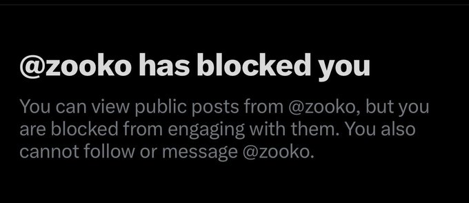 A screenshot shows a notification that "@zooko has blocked you," stating that while public posts from @zooko are still viewable, the user cannot engage, follow, or message them. The image illustrates the post's claim that Zooko Wilcox, the leader of Zcash, has blocked critics who are exposing his alleged misuse of the "Zcash grocery fund" to mint an unlimited number of coins for personal use.
