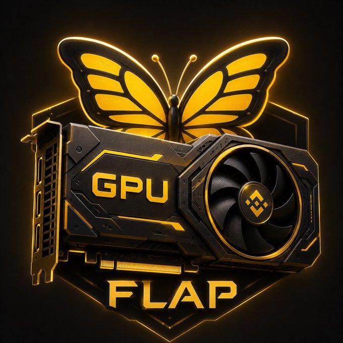 A digital logo featuring a black and yellow GPU graphics card with a glowing yellow butterfly above it and the text 'GPU FLAP' displayed at the bottom.
