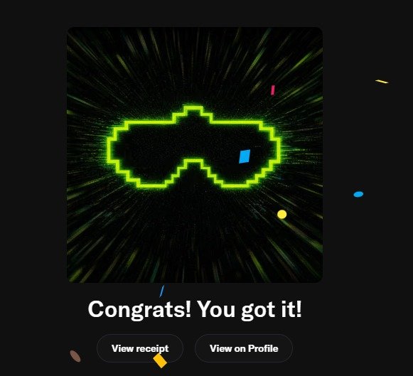 A digital achievement screen displays pixelated green sunglasses surrounded by confetti with the text 'Congrats! You got it!' along with 'View receipt' and 'View on Profile' buttons.