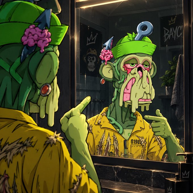 A stylized illustration of a green-skinned zombie-like character with pink grapes on its head looking in a mirror, with 'BAYC' and crown logos on the wall and the shirt tag reading '01982'.