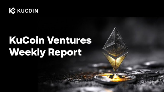 The image is a cover banner for "KuCoin Ventures Weekly Report" featuring the KuCoin logo in the top-left and a stylized Ethereum diamond symbol hovering over gold coins against a dark background, visually aligning with the post's theme of crypto market analysis highlighting Bitcoin's surge to $79K alongside regulatory and ETF developments.