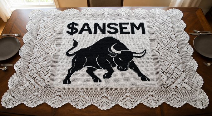 A white lace tablecloth on a wooden table displaying '$ANSEM' in pixelated text above a black bull graphic.
