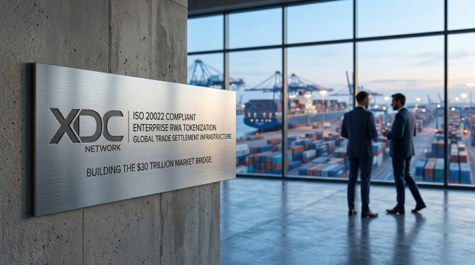 A sign for XDC Network, highlighting its ISO 20022 compliance for building the $30 trillion global trade settlement infrastructure, is displayed against a backdrop of a busy shipping port. This visually represents XDC Network's role in facilitating massive global trade transactions.