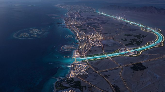 A stunning aerial rendering of "The Line," Saudi Arabia's proposed 170-kilometer-long linear smart city within Neom, illuminated against the desert and coastline—visually echoing the post's request to estimate the project's monumental cost, which has reportedly ballooned to over $500 billion and drawn widespread scrutiny.