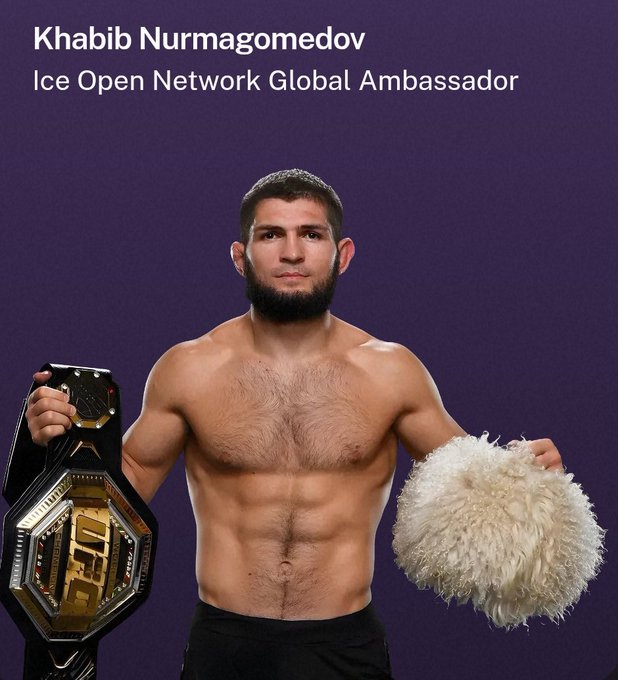 Promotional graphic featuring MMA fighter Khabib Nurmagomedov shirtless, holding a UFC championship belt and a traditional papakha hat, with text identifying him as 'Ice Open Network Global Ambassador.'