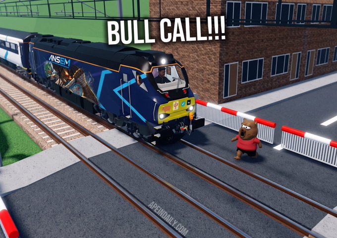 A bull character stands at a railroad crossing as the $ANSEM train (branded with an ANSEM locomotive) approaches, captioned "BULL CALL!!!" — visually symbolizing a bullish price target for the $ANSEM ticker mentioned in the post.