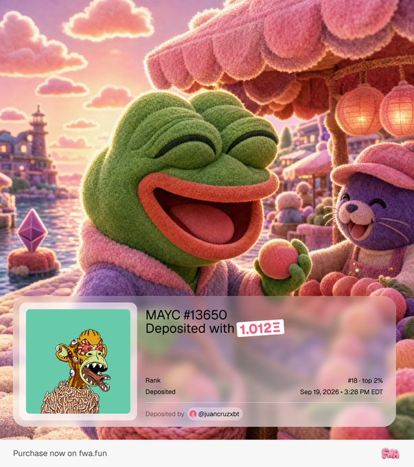 A digital artwork features a smiling, textured green frog character in a pink sweater standing next to a purple cat character at a pink market stall. An overlay at the bottom shows a deposit record for 'MAYC #13650' with a value of '1.012Ξ', ranked '#18 - top 2%', deposited by '@juancruzzbt' on 'Sep 19, 2026 - 3:28 PM EDT'.