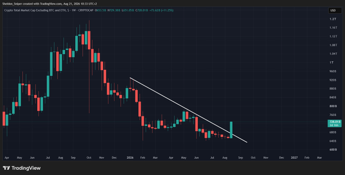 A weekly TradingView chart of the Crypto Total Market Cap Excluding BTC (TOTAL2) shows a long-term downtrend with prices recently breaking below a descending resistance trendline around $720-740B, currently trading near $728B after a sharp green candle—visually supporting the post's claim that altcoins are deeply oversold and presenting a major buying opportunity.