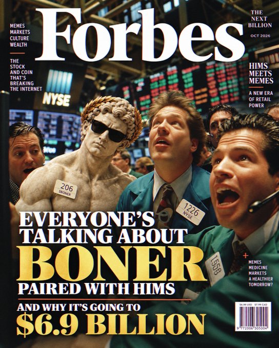 A Forbes magazine cover from OCT 2026 featuring a satirical article titled 'EVERYONE'S TALKING ABOUT BONER PAIRED WITH HIMS' at the NYSE with a Michelangelo's David statue wearing sunglasses.