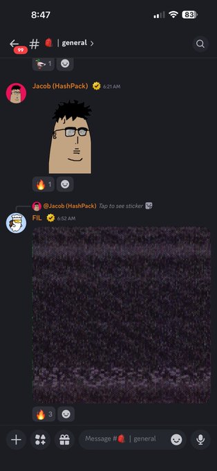 A screenshot of a Discord chat in the #general channel, where user Jacob (HashPack) reacts with "FIL" to a HederaPunks meme, and later posts a dark static-like image featuring subtle hidden imagery, referencing the HederaPunks sticker event in the HashPack Discord alongside the $HBAR ticker.
