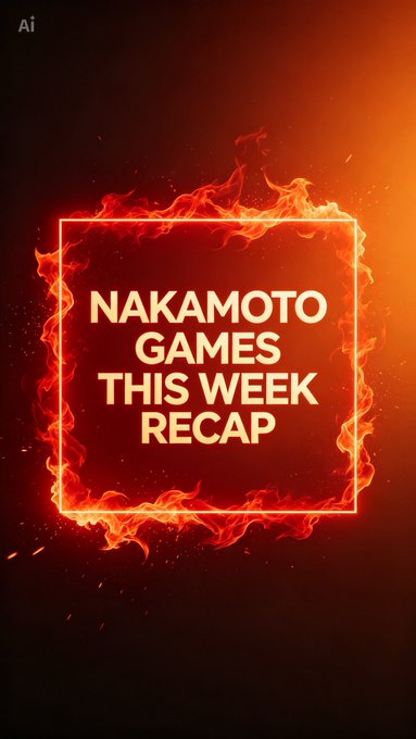 A vertical graphic with fiery orange flames framing a red box containing the text 'NAKAMOTO GAMES THIS WEEK RECAP' in bold white lettering, with an 'Ai' logo in the top left corner.