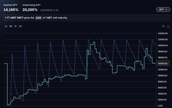 A dark-themed financial chart displaying Implied APY of 14.165% and Underlying APY of 20.205% for 1 YT sNET, showing yield trends over a 1-month period with a sawtooth pattern.