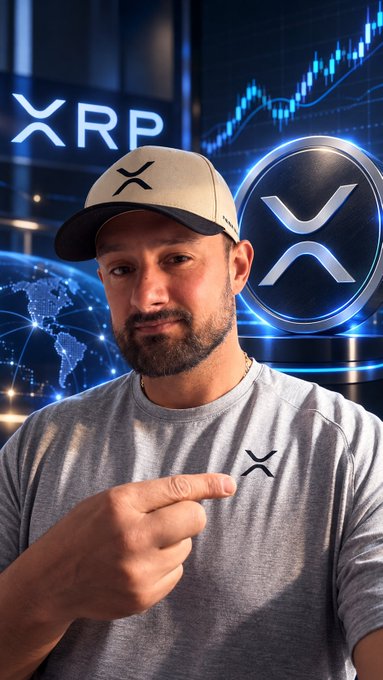 A man wearing an XRP-branded cap and shirt pointing at the camera, with the XRP logo and a blue trading chart displayed behind him.