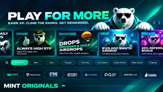 A gambling/betting website interface titled 'PLAY FOR MORE - EARN XP, CLIMB THE RANKS, GET REWARDED.' featuring a bear mascot in sunglasses, with sections for 'RTP Boost', 'Drops Program & Daily Airdrops', and 'Airdrop', alongside a row of game provider logos including Mint, Peter & Sons, Stake, and Bets.io.