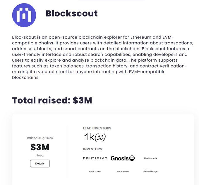 The image shows a white document with text written in black, likely an advertisement for a service or product named "Blockscout", which raised $3 million in funding. The main part of the text indicates that they have developed software for investing in the Ethereum cryptocurrency and EVM networks. The text also mentions a Merits points program where users can check-in daily to earn rewards from ethical investing.