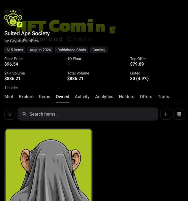 A screenshot of the Suited Ape Society NFT collection page on OpenSea shows 615 items with a floor price of $96.54 and a top offer of $79.89 on the Robinhood Chain, alongside a preview of one of the NFT's ape characters. The image illustrates the user's excitement about minting from this collection, which aligns with the post's mention of the free mint, the ~$96 floor price, and the $79 top offer.
