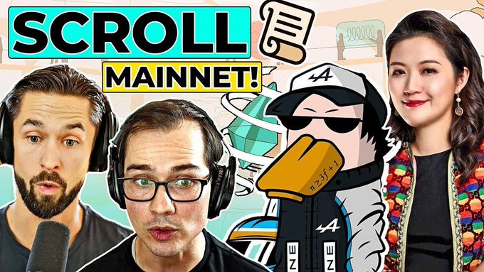 A YouTube thumbnail featuring three people, a cartoon character in sunglasses, and the text 'SCROLL MAINNET!' in bold.