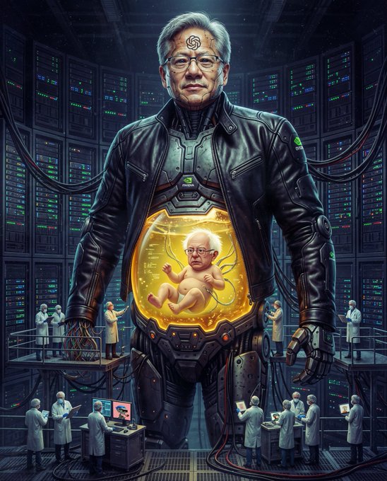 A sci-fi digital artwork depicting a large cyborg man in a leather jacket with a glowing yellow belly chamber containing a baby, surrounded by scientists in a server room.
