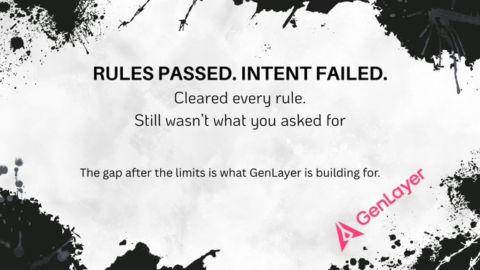 An advertisement with black ink splatter borders features the text 'RULES PASSED. INTENT FAILED. Cleared every rule. Still wasn't what you asked for. The gap after the limits is what GenLayer is building for,' alongside the GenLayer logo.
