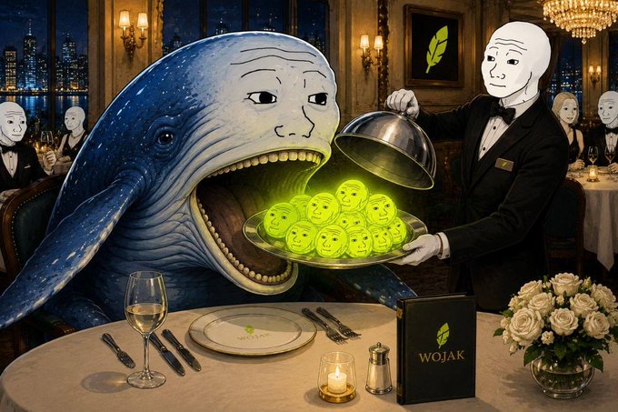 AI-generated artwork depicting a Wojak meme-style waiter serving glowing green Wojak faces on a platter to a large blue whale inside an opulent fine-dining restaurant, with a 'WOJAK' menu on the table.