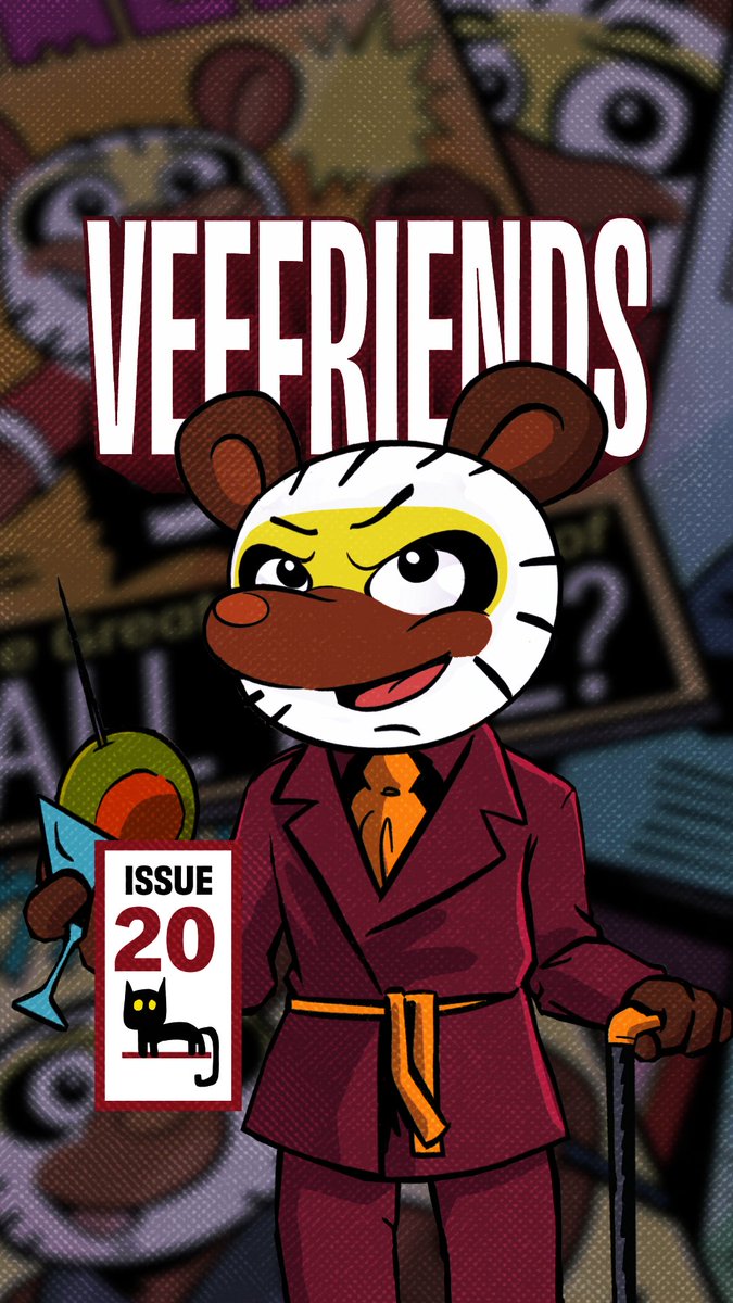 A comic book cover titled 'VEFFRIENDS' Issue 20 features an anthropomorphic tiger character wearing a maroon robe and orange tie, holding a martini glass and cane against a colorful background.