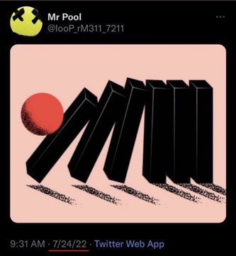 A red sphere knocks over a line of black dominoes, signifying the start of a chain reaction and relating to the post's caption "SO IT BEGINS".