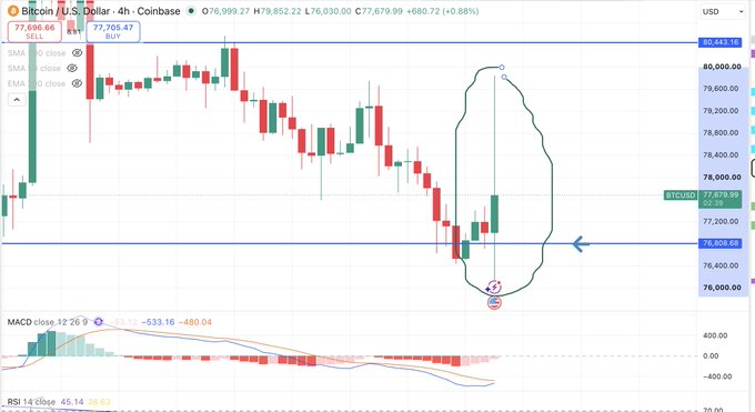 A 4-hour Bitcoin/USD chart (BTCUSD at 77,679.99, +0.88%) on Coinbase displays a circled candlestick pattern resembling a butt/anus shape formed during a recent price recovery attempt, humorously labeled "$BTC UR ANUS!" by the poster.