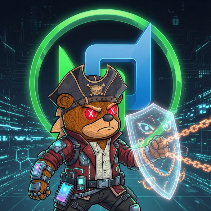 A cyberpunk-style illustration of a pirate bear wearing a captain's hat, with red X-shaped eyes and a glowing shield, standing before a green JetBrains logo.
