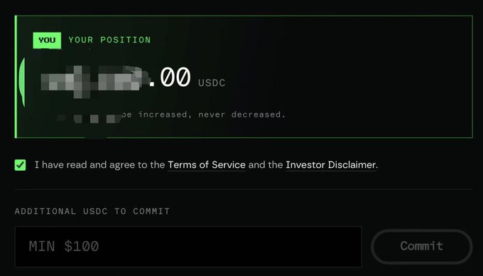 A dark-themed crypto or financial interface showing a 'YOUR POSITION' section with a pixelated wallet address and '0.00 USDC', alongside an 'ADDITIONAL USDC TO COMMIT' field requiring a minimum of $100.