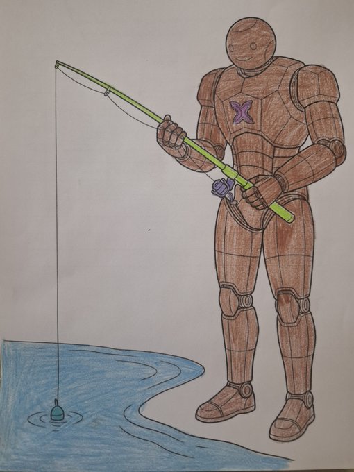 A hand-drawn illustration shows a bronze-armored robot with a purple "X" emblem on its chest patiently holding a green fishing rod, with the line cast into a calm blue pool—visually echoing the post's message about patience and slow strategy while waiting for opportunities in the Seismic ecosystem.