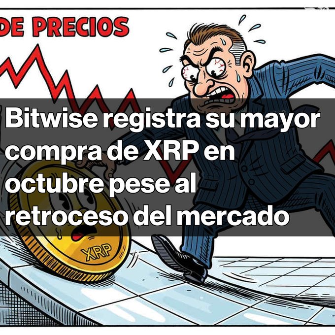 A cartoon illustration showing a panicked businessman in a pinstripe suit being chased by a falling gold coin labeled 'XRP', with a declining price graph in the background and Spanish text reading 'Bitwise registra su mayor compra de XRP en octubre pese al retroceso del mercado'.