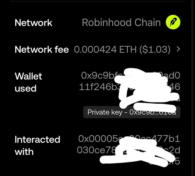 A cryptocurrency wallet transaction screen on Robinhood Chain showing a network fee of 0.000424 ETH ($1.03), with partially obscured wallet address and private key details.