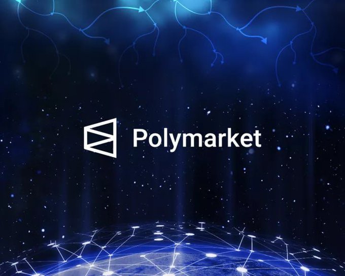 A dark blue promotional graphic displays the 'Polymarket' logo with a stylized geometric symbol, set against a starry background with glowing network connections.