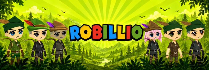 A banner image for 'ROBILLIO' featuring cartoon Robin Hood-like characters standing in a vibrant green forest landscape with mountains in the background.