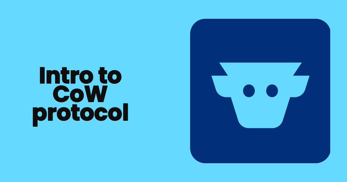 The image features a blue square with a cow's head icon inside of it, accompanied by text that reads "Intro to Cow Protocol". The cow's head represents the concept of Uniswap, an Ethereum-based protocol designed for decentralized finance applications. The cow's head is depicted in a cartoon style and has two ears, symbolizing its ability to listen and adapt to various market conditions. The image also includes text that explains how the cow's head relates to the Cow Protocol, highlighting the benefits of using Uniswap as a tool for managing transactions within the DeFi ecosystem.