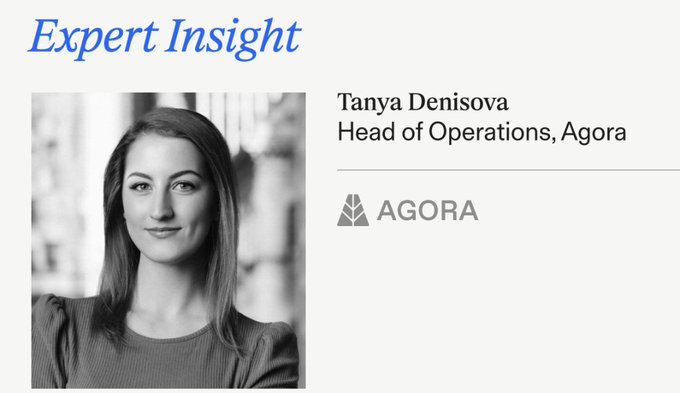 A black-and-white portrait of Tanya Denisova, Head of Operations at Agora, featured in an "Expert Insight" header with the Agora logo. The image accompanies her commentary on how institutional scrutiny of stablecoins has shifted from decentralization to verifiable reserves and bank-charter-backed credibility.