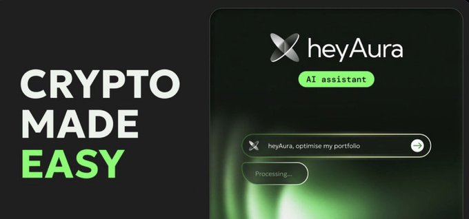 An advertisement for 'heyAura' AI assistant showing a phone screen with the prompt 'heyAura, optimise my portfolio' and 'Processing...' text, alongside the tagline 'CRYPTO MADE EASY'.